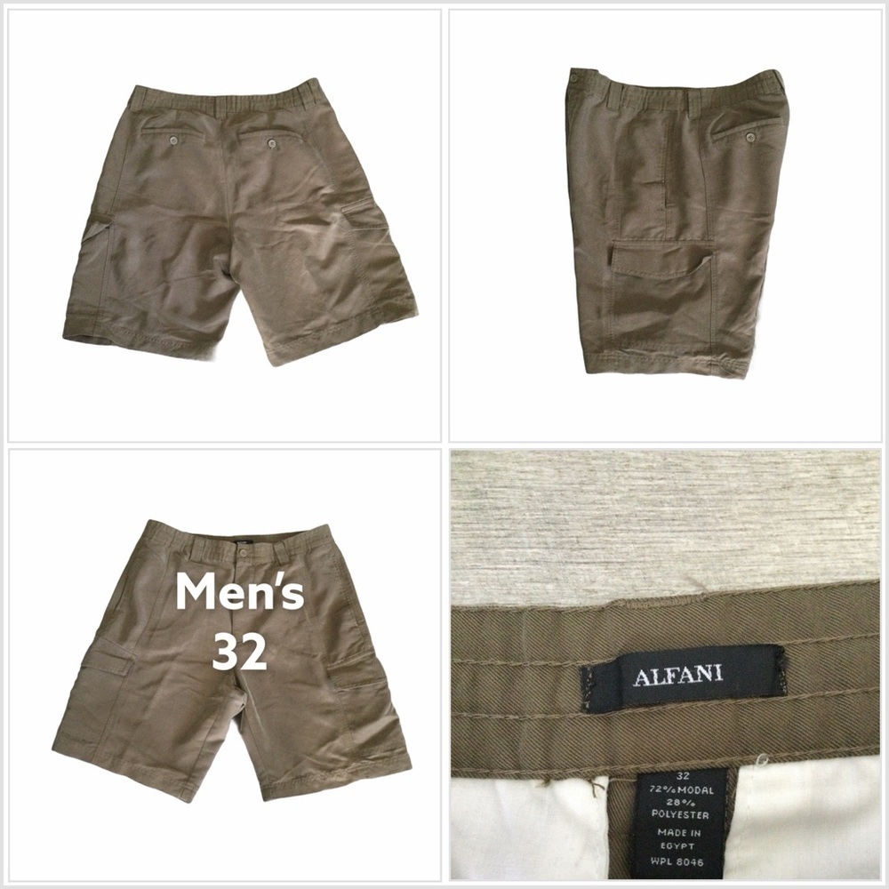 Men's Alfani 32 M Medium Cargo Utility Shorts Brown Taupe Microfiber Casual EUC
